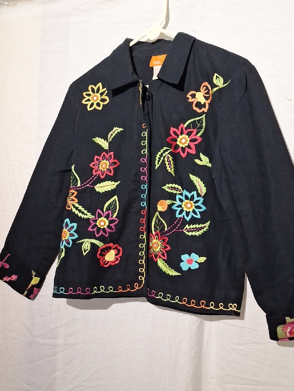 Y2K hearts of palm Black Embroidered Floral Cropped Jean Jacket Sz 10, NWOT